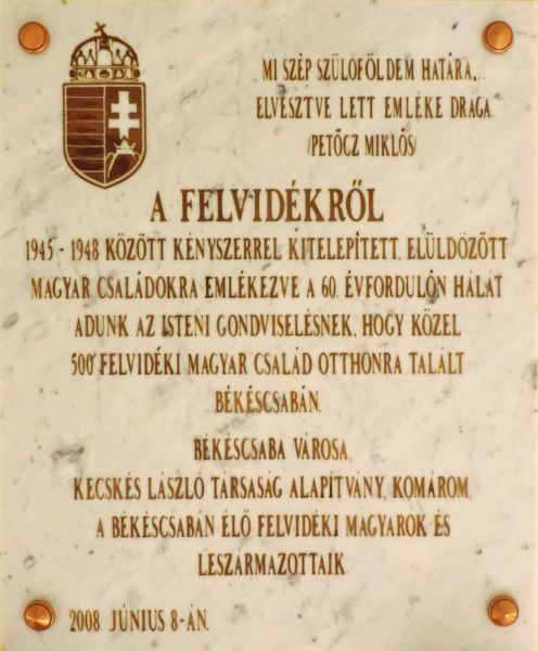 Fájl:Bekescsaba felvidekrol kitelepitettek emlektabla.jpg
