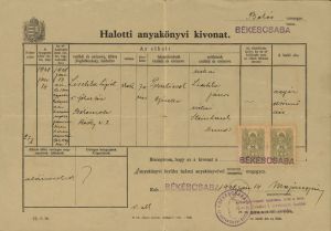 Halotti anyakönyvi kivonata