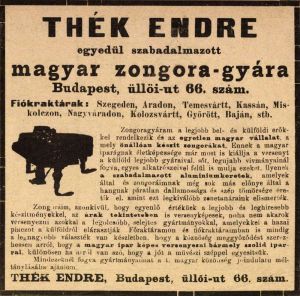 Thék Endre zongoragyárának hirdetése.