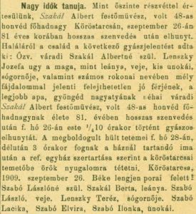 Szakál Albert gyászjelentése a Békés című hetilapban