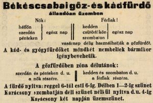 A békéscsabai gőz- és kádfürdő nyitvatartása (1928)