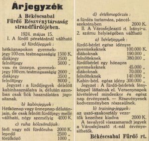 A Békéscsabai Fürdő Részvénytársaság strandfürdőjének 1924. évi árjegyzéke
