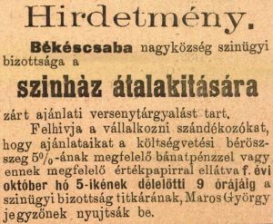 Hirdetmény a színház átalakítására (1906)